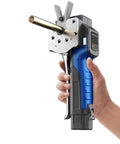 Electric Flare Tool Kit For HVAC Pros shown in hand, blue handle, 3/4 max OD capacity, 45 degree flare head for pipe fittings.