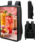 High Quality Premium 21.5 Inch Advertising Lcd Backpack delivering slick 1080P HD viewing angles for mobile promotions with beverage graphics.