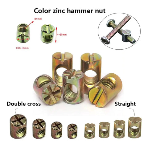 Furniture Barrel Nuts And Hammer Nuts Kit For DIY Woodworking, M4-M8 Screws, Zinc Alloy 8-18mm Embedded 2-In-1 Slotted Cross Connector