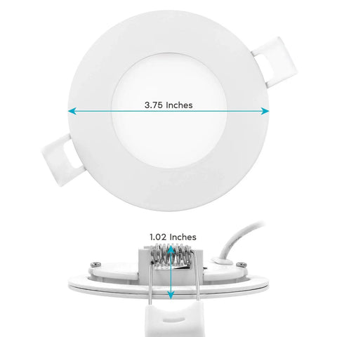 Ultra Thin 3 Inch LED Recessed Light With Junction Box, 8W Dimmable Wafer Downlight dimensions detail, front and side view.