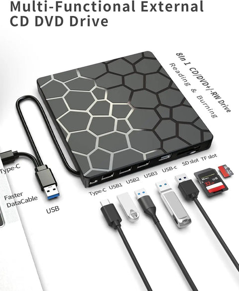 8 In 1 External CD DVD Drive USB 3 And Type C Disc Reader Burner For Laptops And PCs Fast Transfer No Driver Needed Wide Compatibility With Windows Mac And Chrome OS, black slim drive with USB-C cable