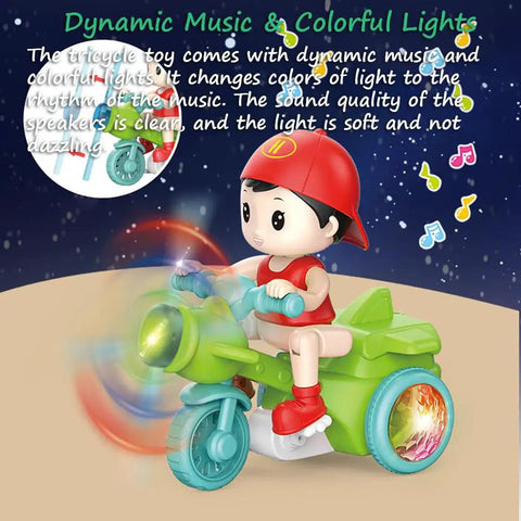 360 Degree Stunt Tricycle Toy With LED Lights And Dynamic Music Ride Simulation Pedicab STEM Spinning Electric Trike For Kids red trike with child rider and spinning front wheel