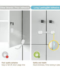Comparison of Easy Install No Drill Baby Proof Cabinet Locks with other brands showing 3M adhesive strength in 10 pack set.