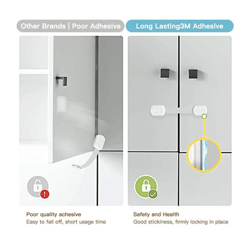 Comparison of Easy Install No Drill Baby Proof Cabinet Locks with other brands showing 3M adhesive strength in 10 pack set.