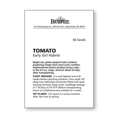 Early Girl Slicing Tomato Seeds For Home Garden Non GMO Indeterminate 50 Pack Easy Grow Seeds For A Big Summer Harvest 59 Days To Maturity 4 Oz Fruits seed packet