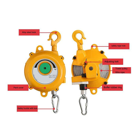 Heavy Duty Retractable Tool Balancer 2m With Hook And Wire Rope For Adjustable Suspended Tooling Use On Assembly Lines Capacity 0.5 To 1.2 Kg Built Tough For Busy Workshops Keeps Tools Handy And Reduces Clutter. yellow tool balancer with alloy steel hook and wire rope