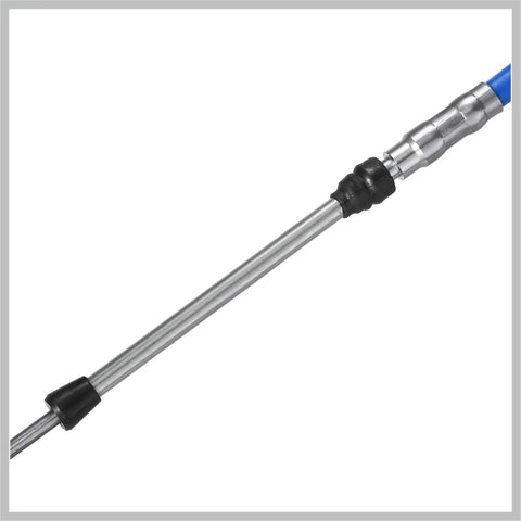 Close-up of 16ft Marine Throttle And Shift Remote Control Box Cable Blue 5 Meter 197 Inch with stainless core and rubber jacket.