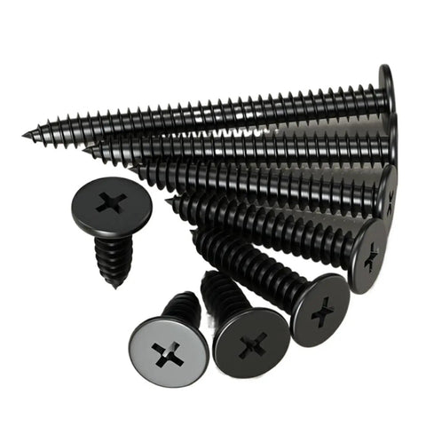 Real Deal Black 304 Stainless Steel Self Tapping Wood Screws Featuring Smooth Phillips Flat Wafer Heads That Sit Flush Ultra Thin Construction Ensures Zero Snags Slick For Electrical DIY Jobs Pack Is Badass 50 Piece Assorted Set Of M1 2 To M4 Sizes. Image showcasing various black stainless steel screws with smooth flat heads.