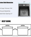 Dimensions of 15x15 inch Single Bowl Undermount Bar Sink In Brushed Nickel 18 Gauge 304 Stainless Steel with 9 inch deep bowl