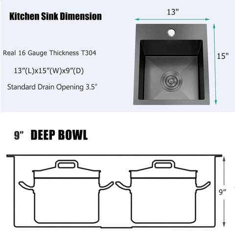 Dimensions of 15x15 inch Single Bowl Undermount Bar Sink In Brushed Nickel 18 Gauge 304 Stainless Steel with 9 inch deep bowl