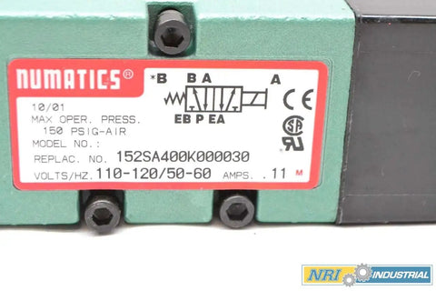 Heavy Duty Workhorse 150 Psi Solenoid Valve With 120V Ac Electric Coil Drop In Replacement 152Sa400k000030 D411718 label and connection detail.