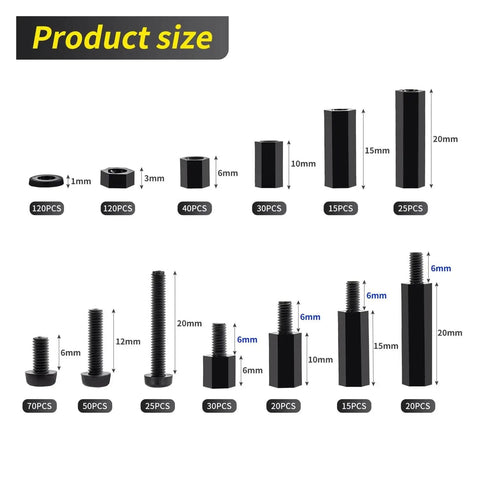 Product size chart showing components from Heavy Duty M3 Black Nylon Pcb Standoff Kit With Screws Nuts Washers Motherboard Support Pillars.