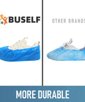 Comparison of Disposable Shoe Covers For Indoors Pack Of 200 100 Pairs Non Slip Waterproof Durable CPE Material Recyclable One Size Fits Most Blue Ideal For Hospitals Labs Kitchens Homes And Food Prep Everyday Indoor Use on a shoe next to another brand.