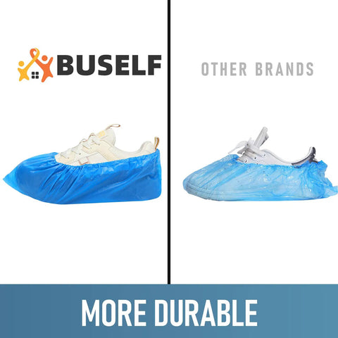 Comparison of Disposable Shoe Covers For Indoors Pack Of 200 100 Pairs Non Slip Waterproof Durable CPE Material Recyclable One Size Fits Most Blue Ideal For Hospitals Labs Kitchens Homes And Food Prep Everyday Indoor Use on a shoe next to another brand.