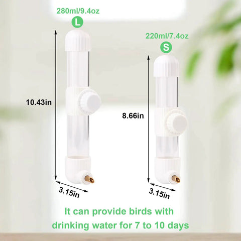 Gotta Have Cage Mounted Bird Water Bottle With Zero Drip Copper Needle Valve sizes 280ml and 220ml showing dimensions for parrots and budgies.