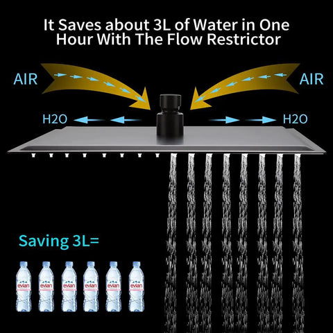 16 Inch Square Rain Shower Head Ultra Thin Chrome Ceiling Shower With Full Body Coverage, Premium 304 Stainless Steel, High Pressure Waterfall Massage, Brass Swivel Ball Joint For Easy Angle Adjustment with flow restriction demonstration