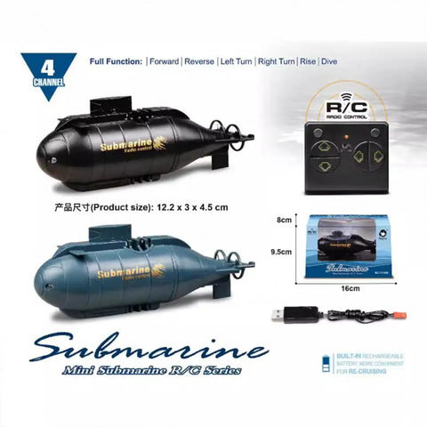 Rad 6 Channel Waterproof RC Submarine For Adults with remote, USB charger, and packaging display