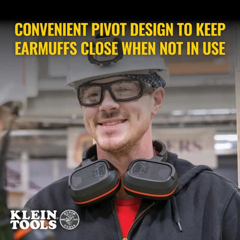 Worker wearing Behind-The-Head Ear Muffs With 25dB NRR Hearing Protection For Construction, shown in neck storage position.