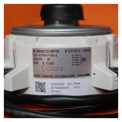 Close-up of Air Conditioning Brushless DC Motor Replacement For WZDK85-38G And SIC-61FW-F180-2 Fan Motors label on motor