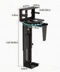 Top Tier Under Desk PC Mount dimensions, heavy-duty steel design for adjustable computer tower stand, ideal for gaming rigs.