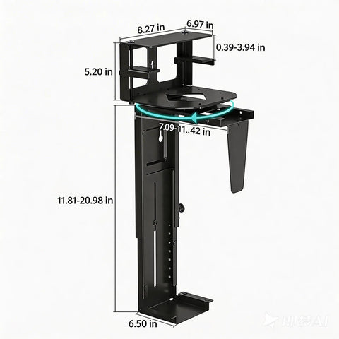 Top Tier Under Desk PC Mount dimensions, heavy-duty steel design for adjustable computer tower stand, ideal for gaming rigs.