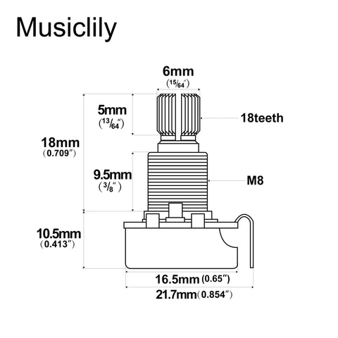 Diagram of B25K Mini Pots 9.5mm Linear Taper Potentiometers With Split Shaft 18 Spline M8 Thread 6mm Shaft dimensions