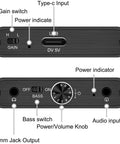 Front panel controls of High Power USB-C Headphone Amplifier For 16 To 600 Ohm Headphones With 3.5mm AUX And Type-C Input.