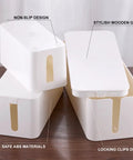 Triple Pack Wooden Grain Cable Management Boxes Set With 18-Piece Cable Management Kit showing large, medium, small white boxes
