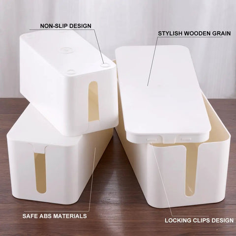 Triple Pack Wooden Grain Cable Management Boxes Set With 18-Piece Cable Management Kit showing large, medium, small white boxes