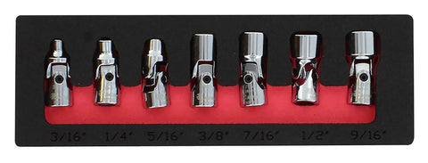Super Handy Seven Piece 1/4 Inch Drive Flex Socket Set With 6 Point Sae Sockets That Flex To Access Tight Spaces While Keeping Solid Grip On Fasteners For Mechanics And Diy Projects, displayed in foam tray, sizes labeled from 3/16 to 9/16 inches