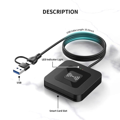 NFC Dual Interface Smart Card Reader For CAC And DOD IDs Tap Read Contactless Cards With USB C Adapter Compatible With Windows Linux And MacOS Easy Plug In For Military And Government ID Access And Secure Data Reading. Black reader with cable and LED light.