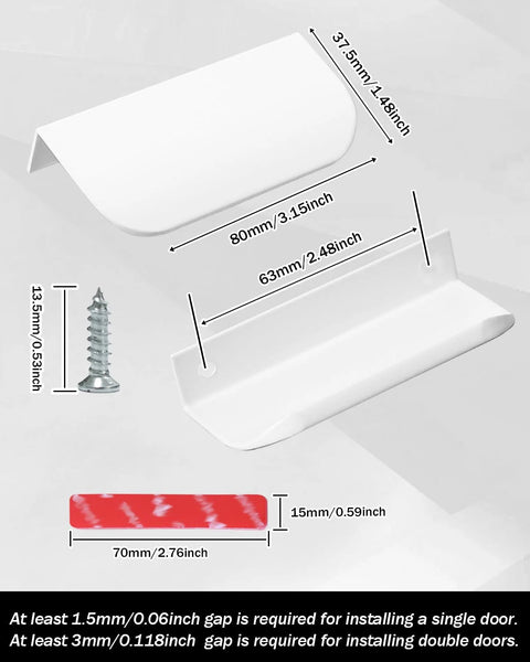 Dimensions and installation guide for 6 Pack Adhesive Edge Pulls for Cabinets and Drawers, includes adhesive strip and optional screws.