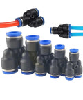 Push To Connect Hose Fittings Kit For Air Water Oil Lines Y And W Shaped Connectors in assorted sizes, black and blue
