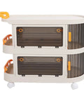 Smooth Rollin Storage Trolley With Four Tier Utility Cart And Covered Plastic Storage Bins for kitchen organization.