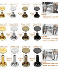 All In One Leather Rivet Kit With 480 Sets Double Cap Tubular Metal Studs Four Colors And Three Sizes chart detail