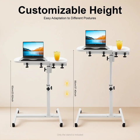 Adjustable Height Rolling Standing Desk With Locked Down Casters And Swivel Surface Lightweight Mobile Laptop Table For Home Office Over Bed No Sweat Assembly Slick White Finish shown in two heights with laptop and drink.