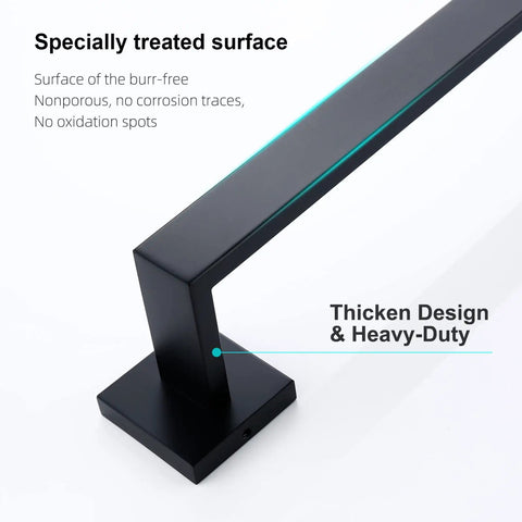Matte Black Bathroom Hardware Kit 4 Piece Stainless Steel Heavy Duty Wall Mounted Towel Rack Toilet Paper Holder Hand Towel Bar Robe Hook For Modern Bathroom showing close-up of black bar with treated surface and thick design.