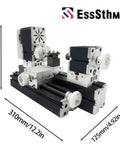 EssSthmy 60W Mini Metal Lathe 12000 RPM Desktop Woodworking Tool showing dimensions and metal build for DIY projects.