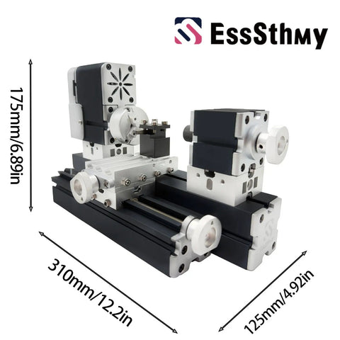 EssSthmy 60W Mini Metal Lathe 12000 RPM Desktop Woodworking Tool showing dimensions and metal build for DIY projects.