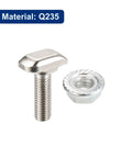 Close-up of M6 T Slot Nuts And Bolts Set For 3030 Aluminum Extrusion showing one drop-in hammer head T-bolt and hex flange nut.