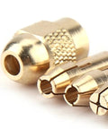 Top Tier Rotary Tool Brass Collet Set 3-Pack Featuring Quick Change Chuck With 0.5 To 3.2mm Range And 4.3mm Shank Adapter for Dremel style with close-up of brass collets.