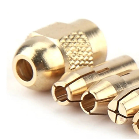 Top Tier Rotary Tool Brass Collet Set 3-Pack Featuring Quick Change Chuck With 0.5 To 3.2mm Range And 4.3mm Shank Adapter for Dremel style with close-up of brass collets.