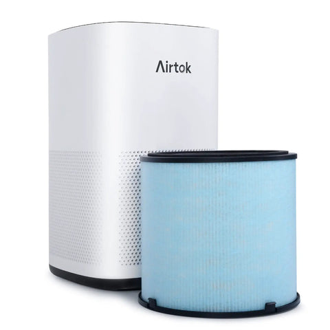 Front view of AP1001 Air Purifier Replacement Filter With 5 Layer Filtration System And H13 True HEPA next to an air purifier unit.