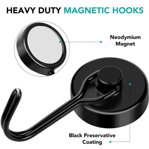 Eight Pack Swivel Magnetic Hooks Set, Heavy Duty 120LBS Capacity, Neodymium Magnetic Hooks With 1.26 Inch Diameter, labeled close-up