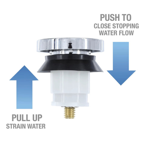 Chrome Touch Toe Tub Stopper Fits 2 Inch Cross Arm Drains With Adapters For Five Sixteenths And Three Eighths Inch Thread Sizes Hands Free Press To Close Or Open No Tools Required Bathroom Drain Accessory with push and pull arrows