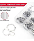 Heavy Duty 225 Piece Stainless Steel External C Clip Set With 15 Sizes From M3 To M25 featuring assorted stainless steel circlips in a storage box.