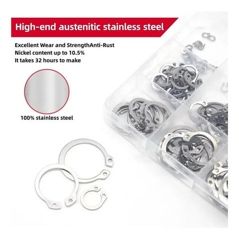 Heavy Duty 225 Piece Stainless Steel External C Clip Set With 15 Sizes From M3 To M25 featuring assorted stainless steel circlips in a storage box.