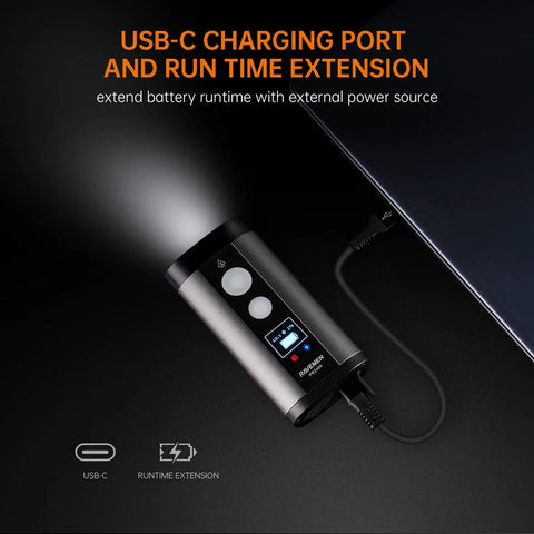 PR2400 2400 Lumen Mountain Bike Light with USB-C charging port connected for runtime extension