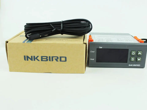 Dual Stage 12V Digital Temperature Controller Thermostat next to box and cable, screen visible for Home Brew, Fridge use.