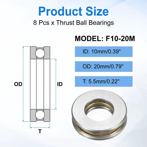 Eight F10-20M thrust ball bearings with washers, chrome steel, 10mm ID x 20mm OD x 5.5mm thick.